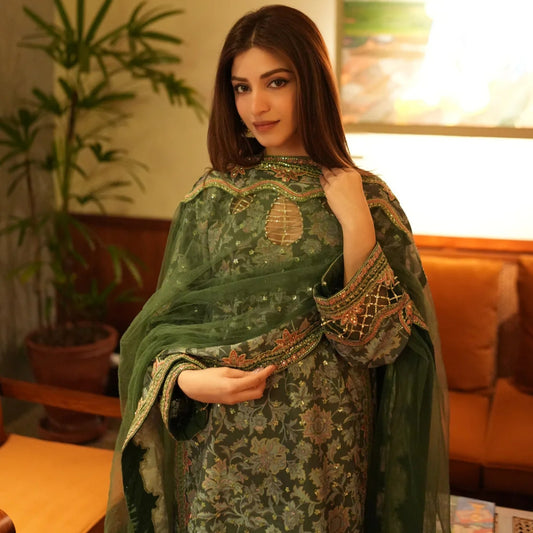 Luxury Silk Printed Embroidered Suit – 3 Piece