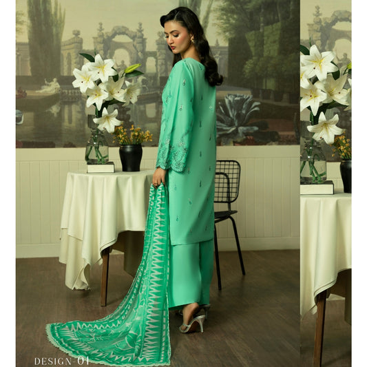 Emerald Bloom Embroidered Lawn Suit with Printed Dupatta – Summer Luxury Collection