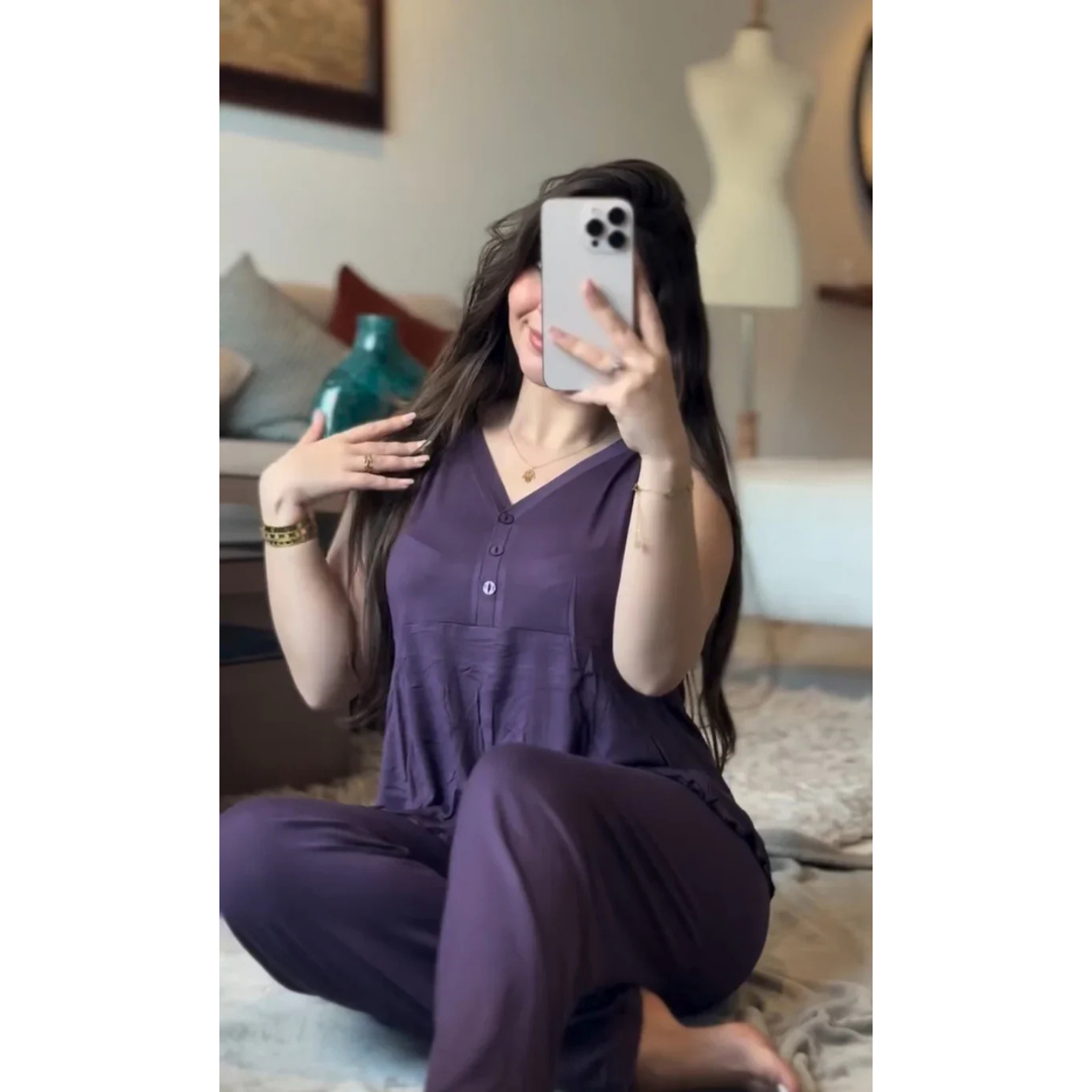 2 Piece Casual Button Top & Straight Trouser Set – Soft Cotton Lounge Wear for Women