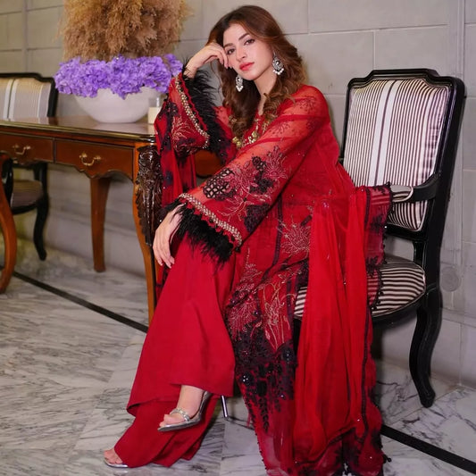 Red Luxury Embroidered Organza Unstitched Suit – 3 Piece