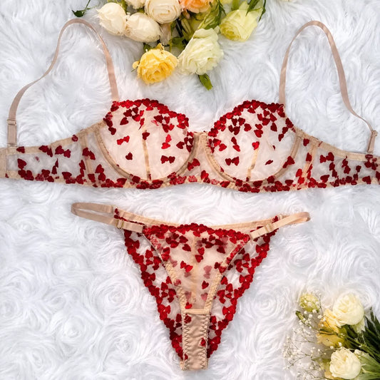 Women’s Heart Lace Transparent Bra & Panty Set – Romantic Mesh Lingerie