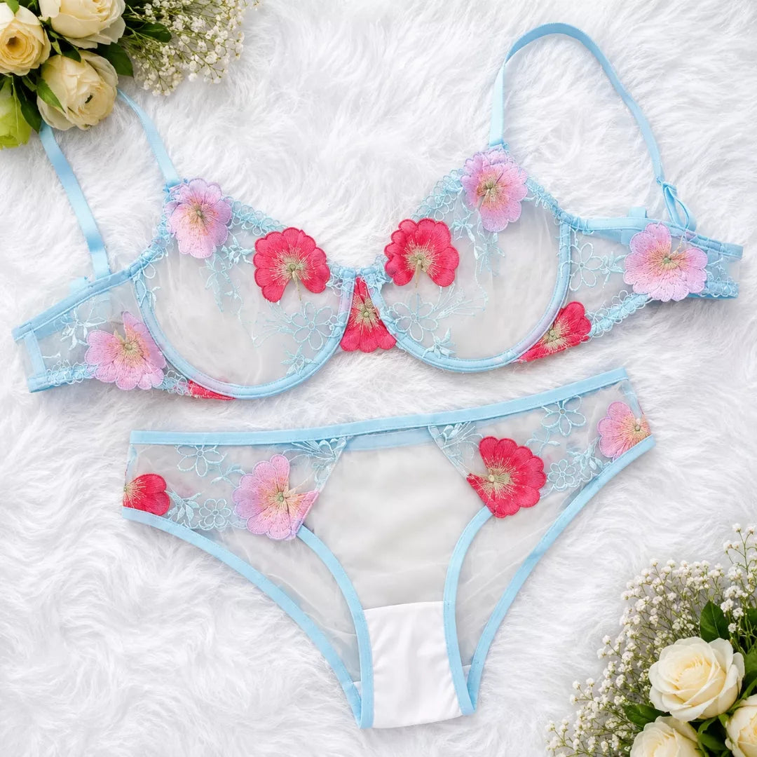 Pastel Blue Floral Transparent Bra & Panty Set – Soft Mesh Embroidered Lingerie