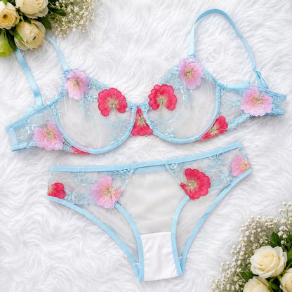 Pastel Blue Floral Transparent Bra & Panty Set – Soft Mesh Embroidered Lingerie