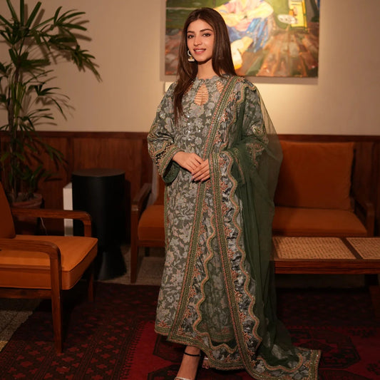 Luxury Silk Printed Embroidered Suit – 3 Piece