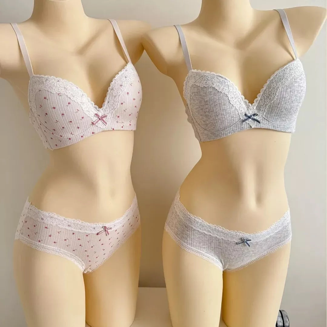 Elegant Bow Lace Wireless Bra & Panty Set – Soft Mesh Lingerie