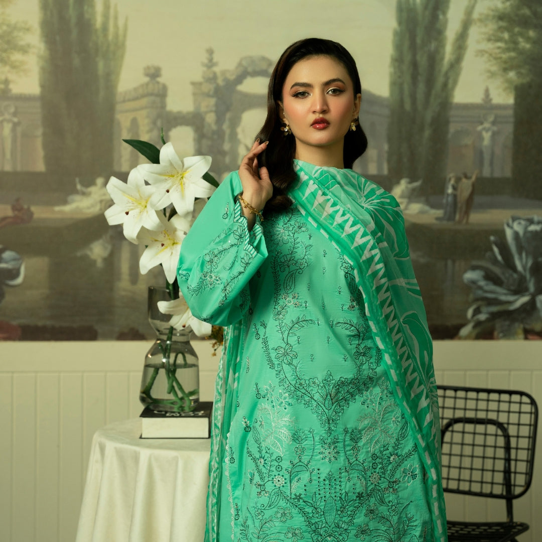 Emerald Bloom Embroidered Lawn Suit with Printed Dupatta – Summer Luxury Collection