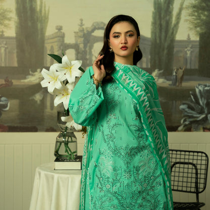 Emerald Bloom Embroidered Lawn Suit with Printed Dupatta – Summer Luxury Collection
