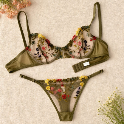 Olive Green Floral Embroidered Lingerie Set – Bra & Panty