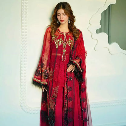 Red Luxury Embroidered Organza Unstitched Suit – 3 Piece