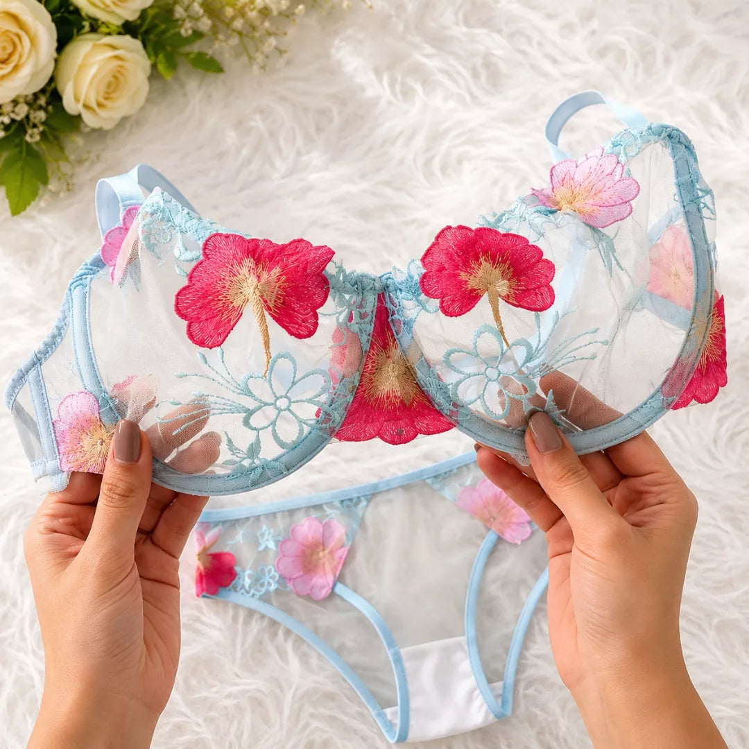 Pastel Blue Floral Transparent Bra & Panty Set – Soft Mesh Embroidered Lingerie