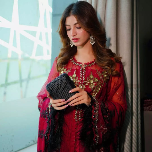 Red Luxury Embroidered Organza Unstitched Suit – 3 Piece
