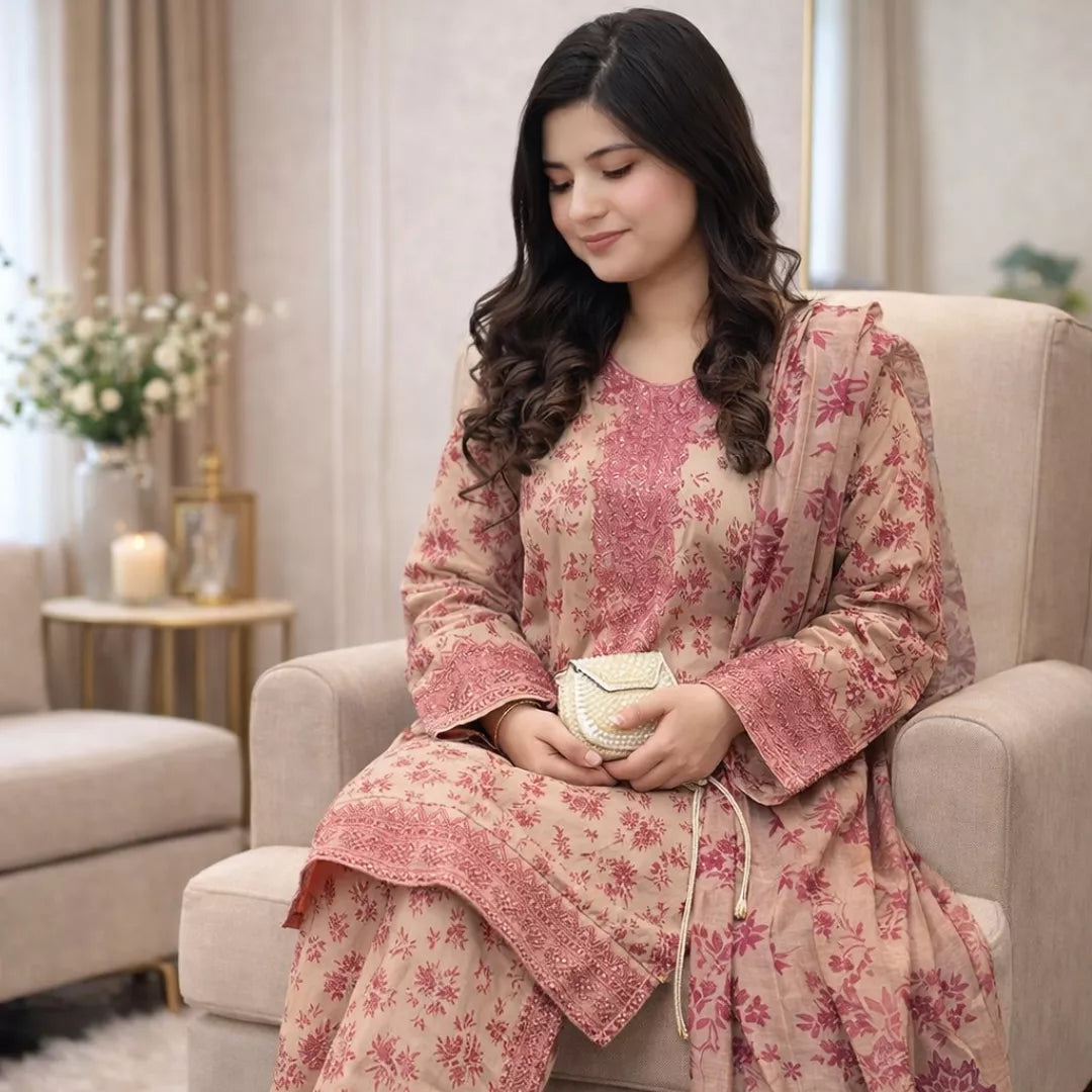 3 Piece Printed Embroidered Lawn Suit – Premium Soft Cotton | Summer Collection