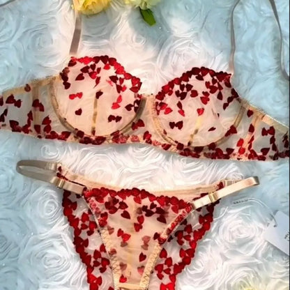 Women’s Heart Lace Transparent Bra & Panty Set – Romantic Mesh Lingerie