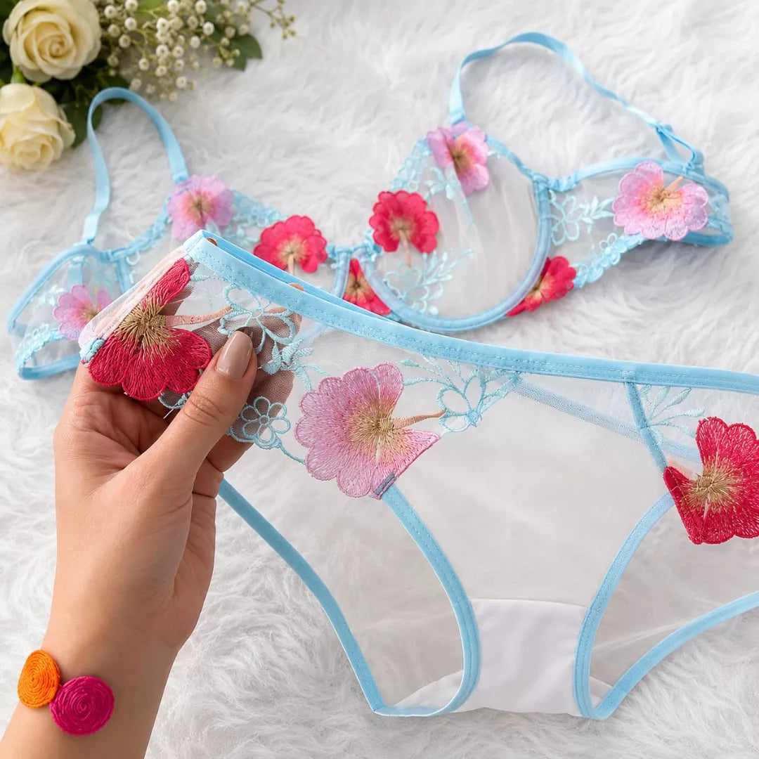 Pastel Blue Floral Transparent Bra & Panty Set – Soft Mesh Embroidered Lingerie