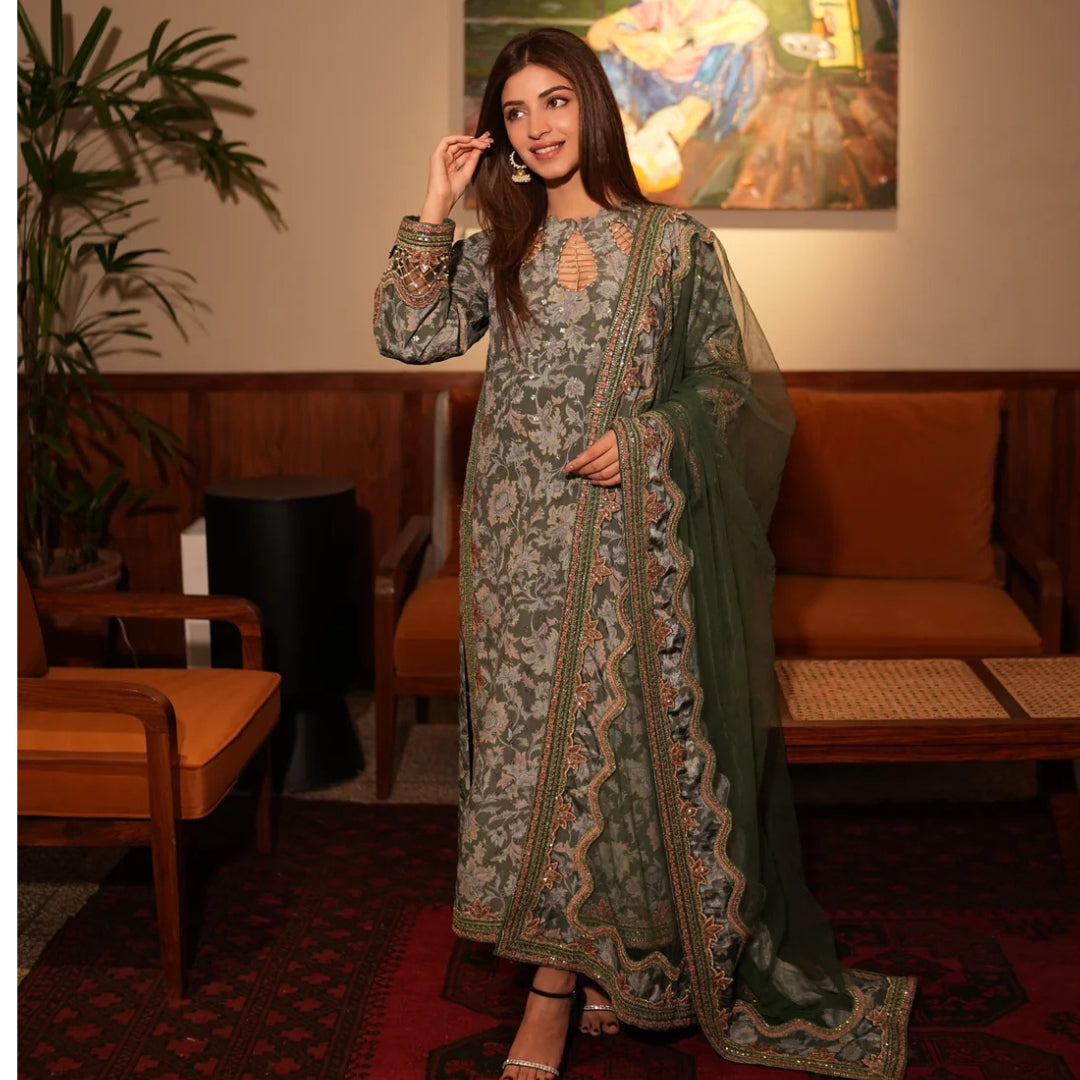 Luxury Silk Printed Embroidered Suit – 3 Piece