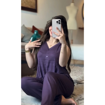 2 Piece Casual Button Top & Straight Trouser Set – Soft Cotton Lounge Wear for Women