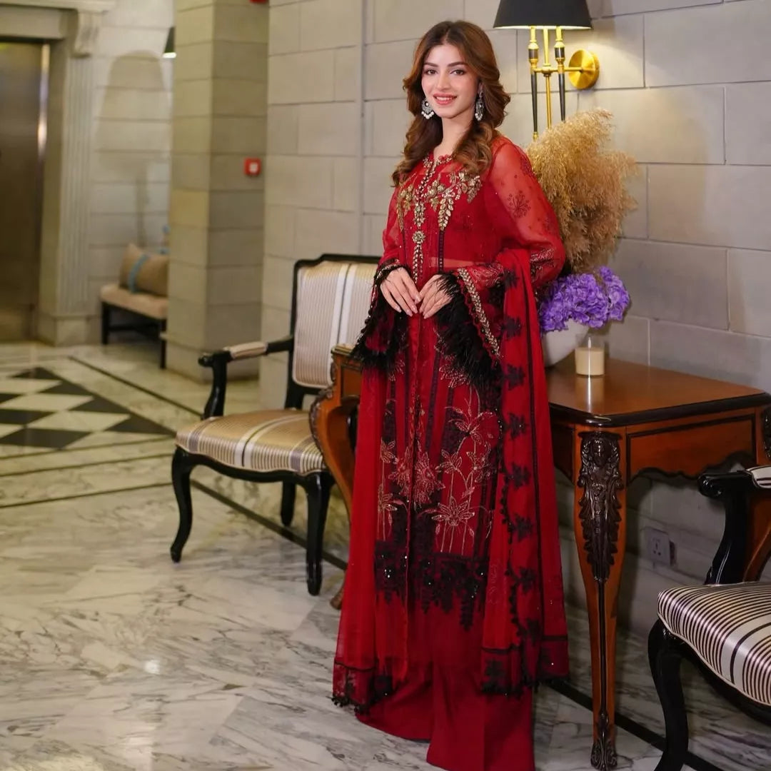 Red Luxury Embroidered Organza Unstitched Suit – 3 Piece