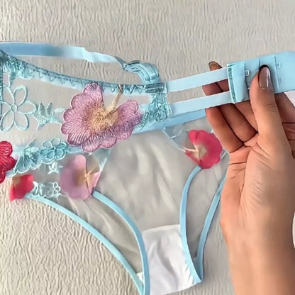 Pastel Blue Floral Transparent Bra & Panty Set – Soft Mesh Embroidered Lingerie