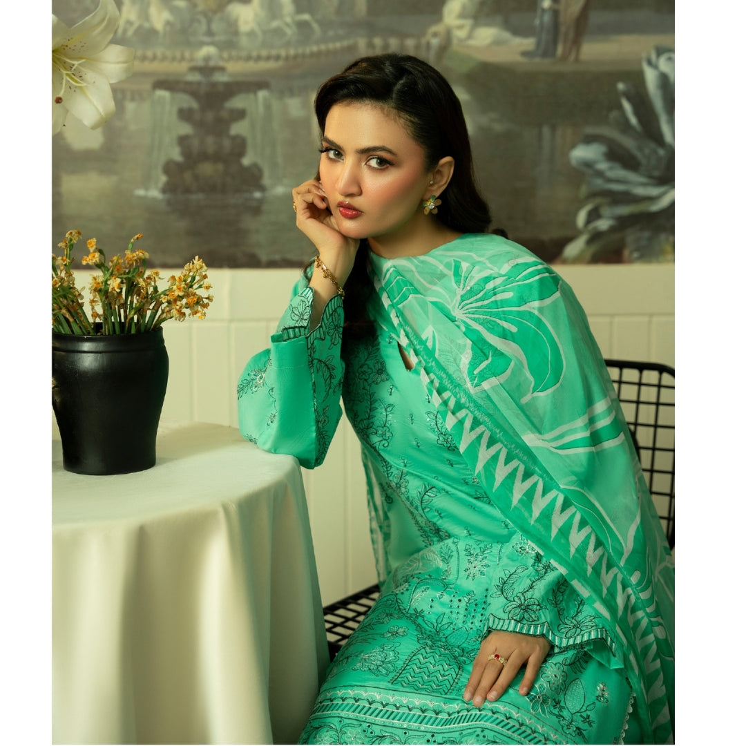 Emerald Bloom Embroidered Lawn Suit with Printed Dupatta – Summer Luxury Collection