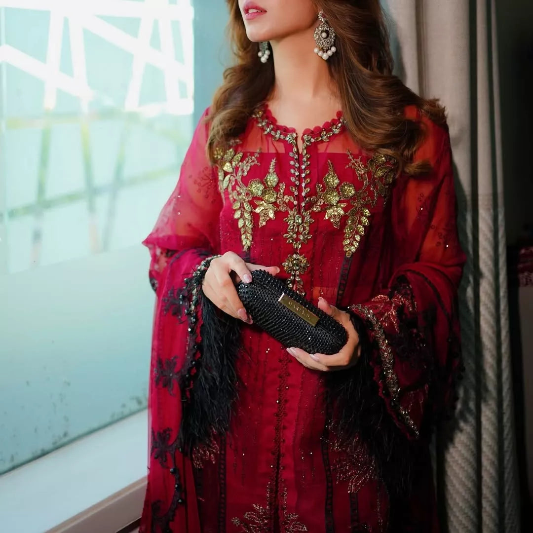 Red Luxury Embroidered Organza Unstitched Suit – 3 Piece