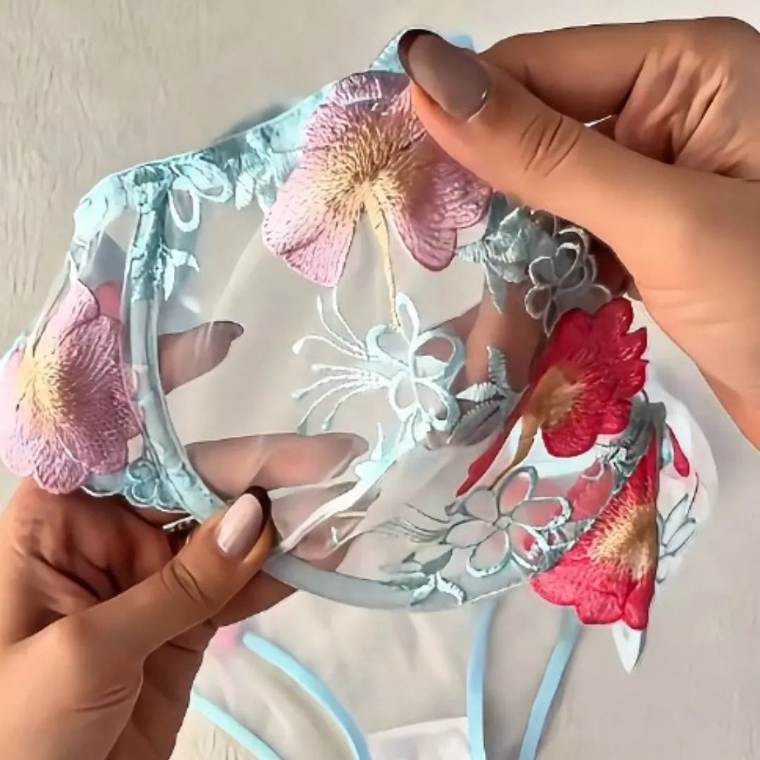Pastel Blue Floral Transparent Bra & Panty Set – Soft Mesh Embroidered Lingerie