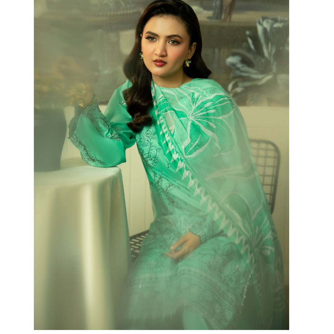 Emerald Bloom Embroidered Lawn Suit with Printed Dupatta – Summer Luxury Collection