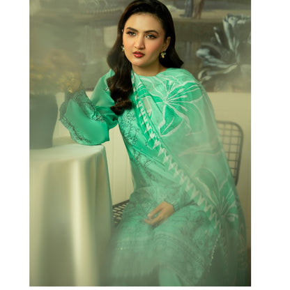 Emerald Bloom Embroidered Lawn Suit with Printed Dupatta – Summer Luxury Collection