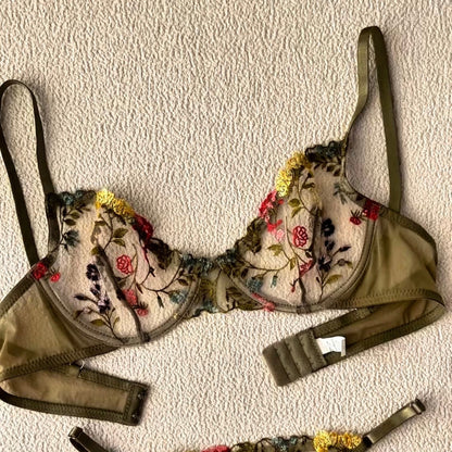 Olive Green Floral Embroidered Lingerie Set – Bra & Panty