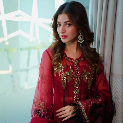 Red Luxury Embroidered Organza Unstitched Suit – 3 Piece