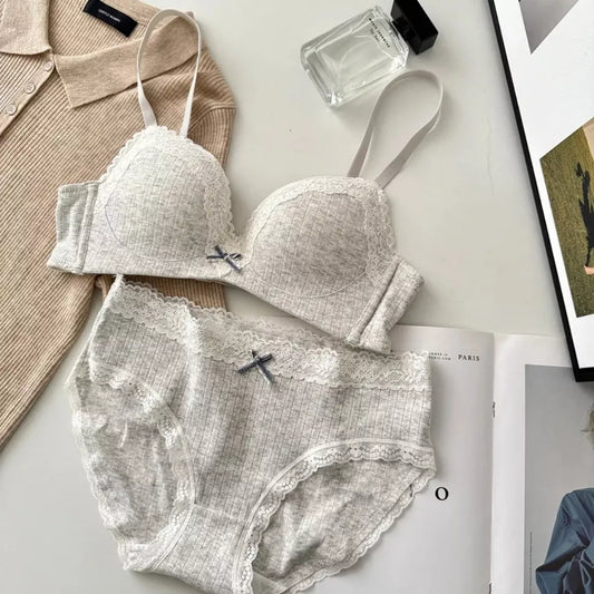 Elegant Bow Lace Wireless Bra & Panty Set – Soft Mesh Lingerie