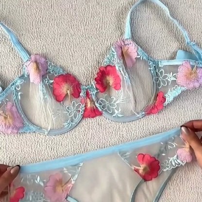 Pastel Blue Floral Transparent Bra & Panty Set – Soft Mesh Embroidered Lingerie