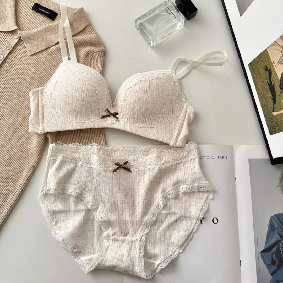 Elegant Bow Lace Wireless Bra & Panty Set – Soft Mesh Lingerie