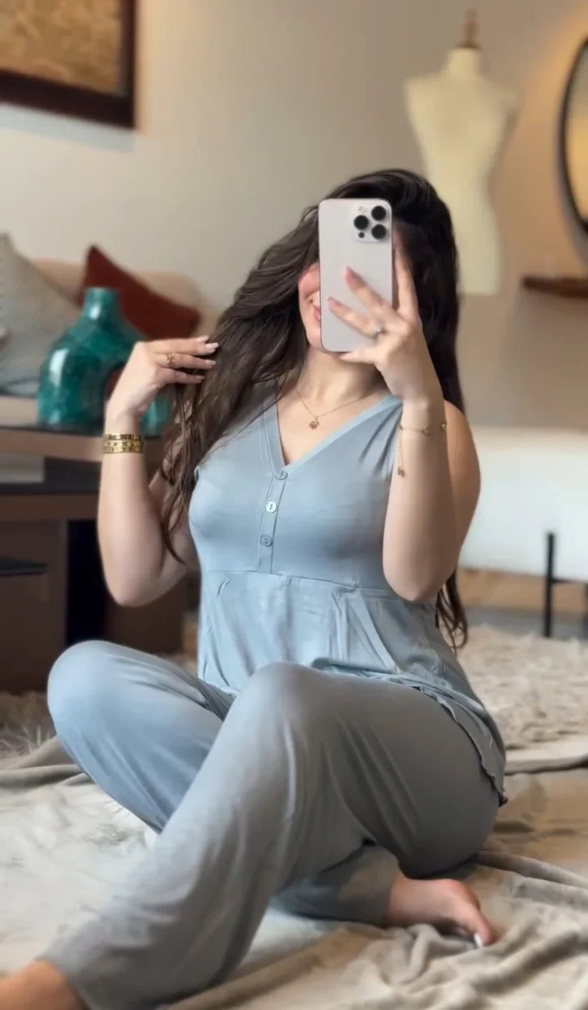 2 Piece Casual Button Top & Straight Trouser Set – Soft Cotton Lounge Wear for Women
